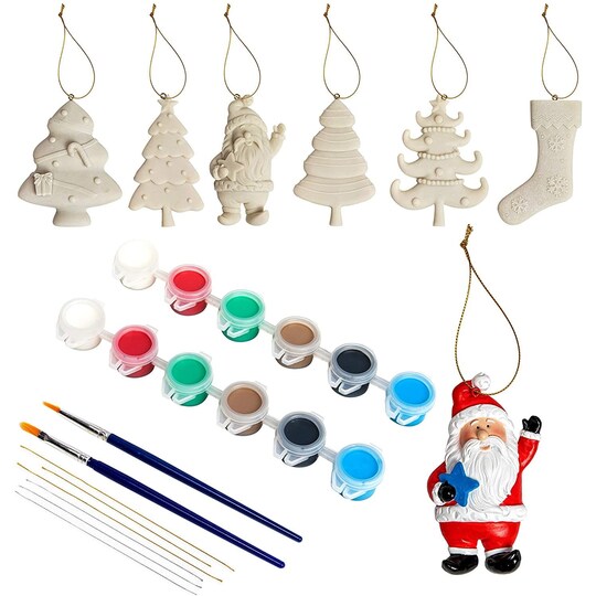 Bright Creations Ceramic Christmas Ornaments to Paint DIY Kit - 6 Unpainted Bisque Pieces (Tree, Santa & Stocking) - 12 Acrylic Paint Pods, 2 Brushes & Strings - Kids Ceramic Christmas Ornament Crafts